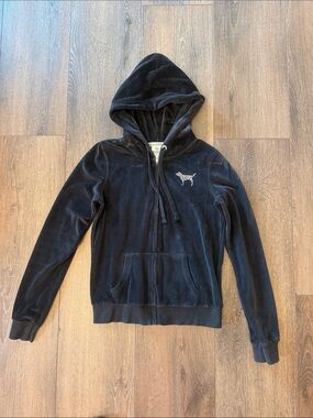 PINK Victoria's Secret Black Velour Hoodie Jacket with Dog Logo , silver sequins